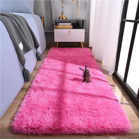 Shag Runner Rug for Bedroom,2x6 Feet Fluffy Rugs with Non-Slip Bottom, Hot Pink - Picture 1 of 6